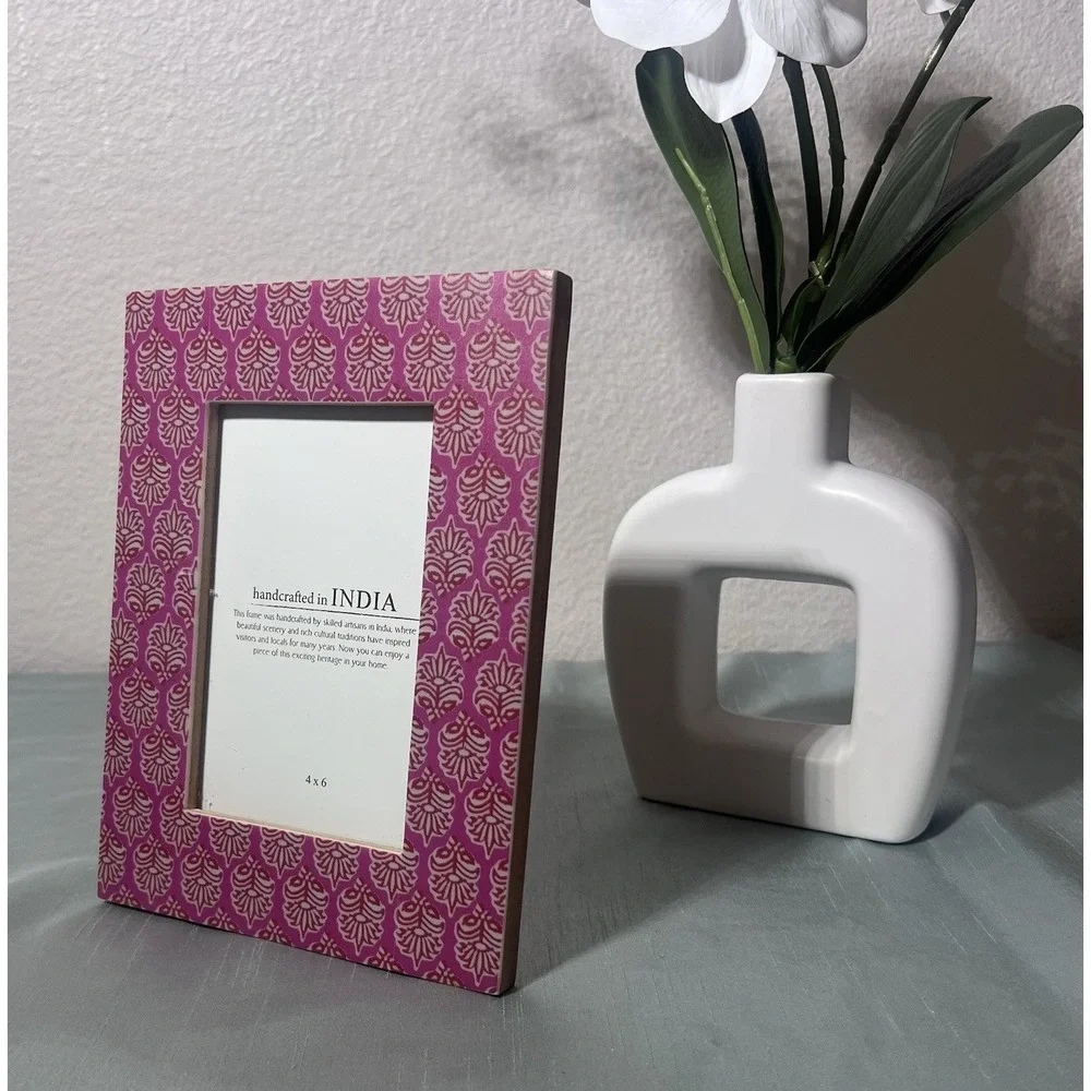 Handcrafted Purple Pink Floral Wood Photo Frame 4x6 Portrait Freestanding